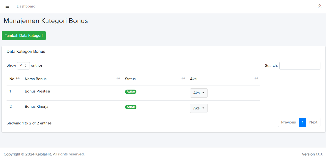 Dashboard Manajemen Kategori Bonus - Contoh Tampilan